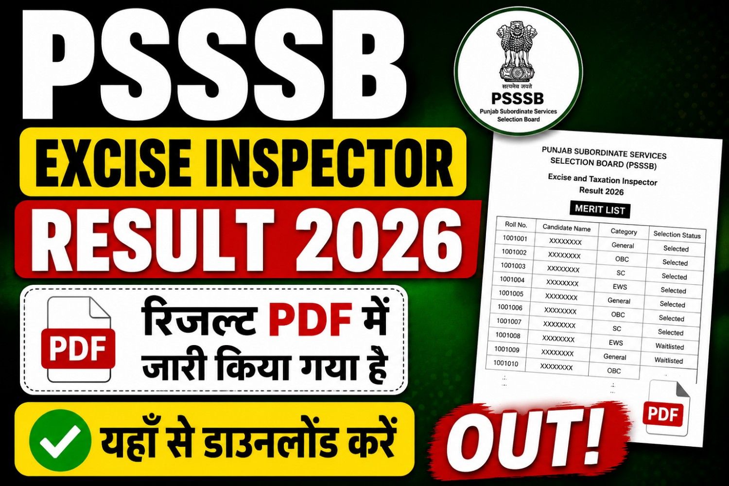 PSSSB Excise Inspector Result 2026
