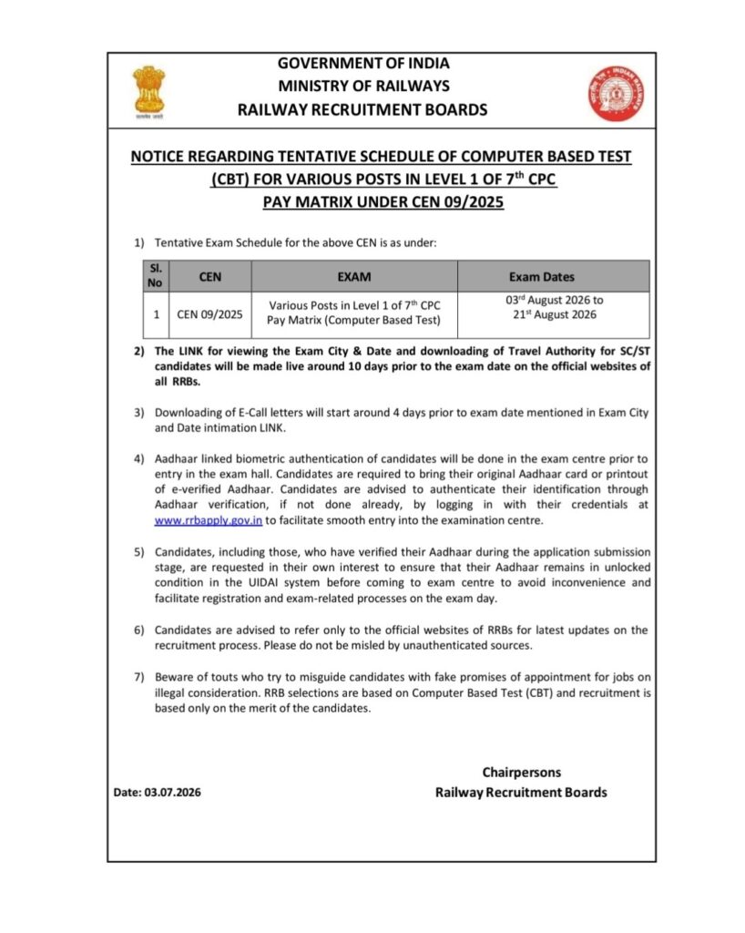 RRB Group D Exam Date 2026