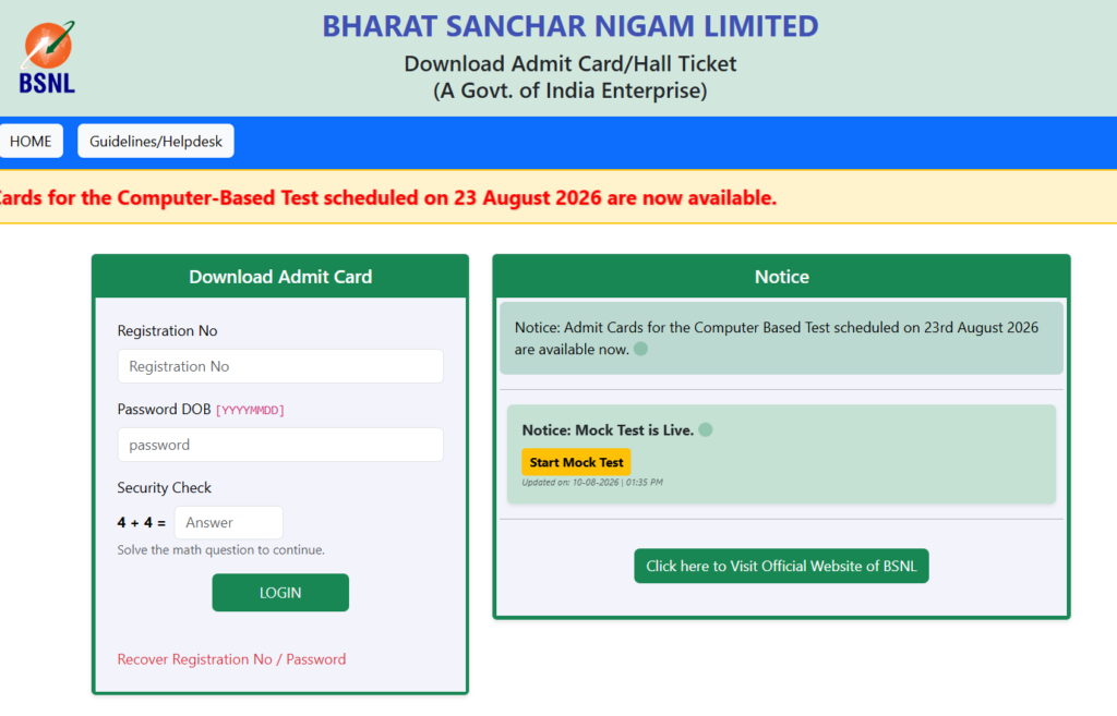 BSNL JTO Admit Card 2026