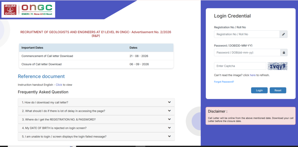 ONGC Graduate Trainee Admit Card 2026
