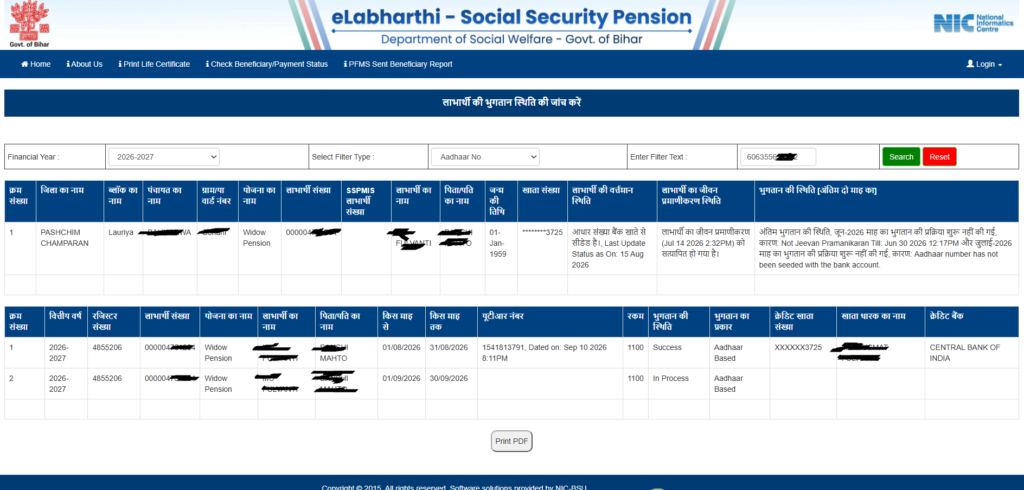 Bihar Vridha Pension Payment Status 2026